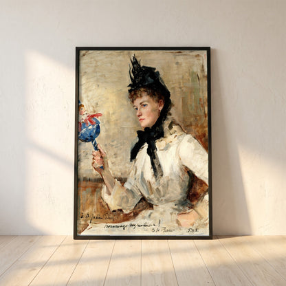A Lady Holding a Rattle framed print in a black frame leaning against a white plaster wall on oak floorboards in morning light