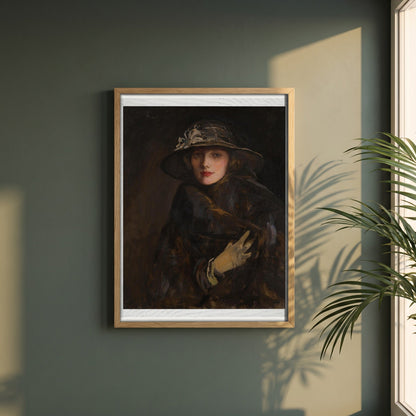 A Lady in Brown (1920) framed print in a natural oak frame on a dark green wall beside a window, dappled plant shadow