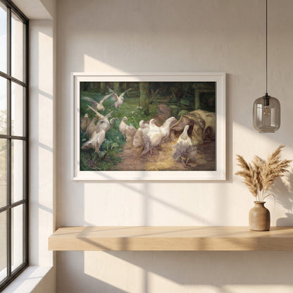 A Preliminary Investigation framed print in a white frame on a plaster wall above an oak worktop in a bright Scandinavian kitchen