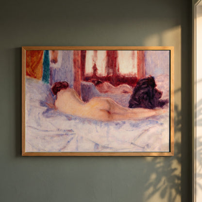 A Reclining Figure before a Mirror framed print in a natural oak frame on a dark green wall beside a window, dappled plant shadow