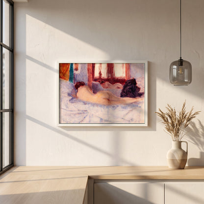 A Reclining Figure before a Mirror framed print in a white frame on a plaster wall above an oak worktop in a bright Scandinavian kitchen