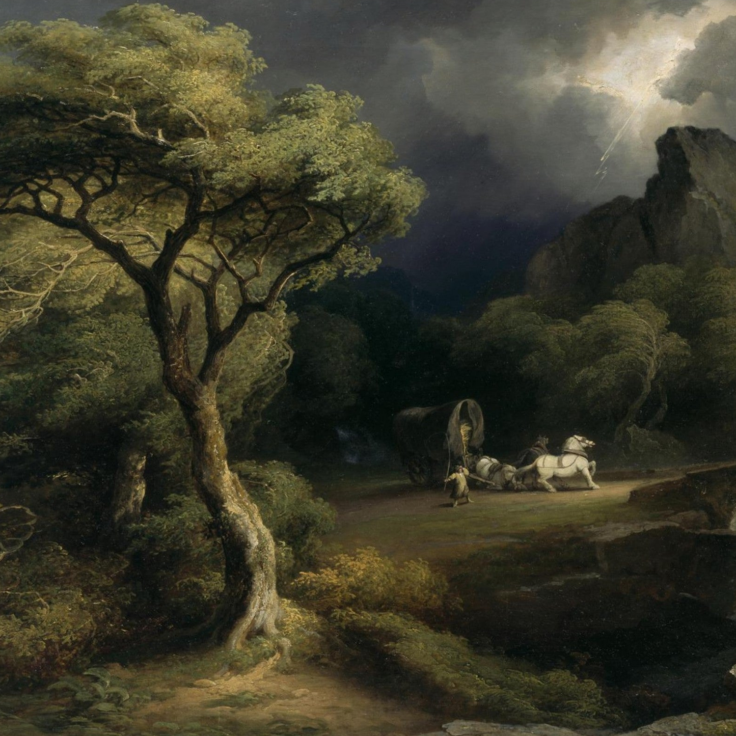 A Thunderstorm: The Frightened Wagoner by James Arthur O’Connor – Irish Romantic landscape painting with dramatic lightning storm