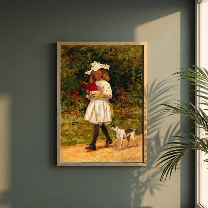 A Young Girl Reading framed print in a natural oak frame on a dark green wall beside a window, dappled plant shadow