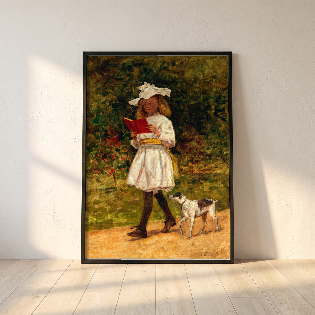 A Young Girl Reading framed print in a black frame leaning against a white plaster wall on oak floorboards in morning light