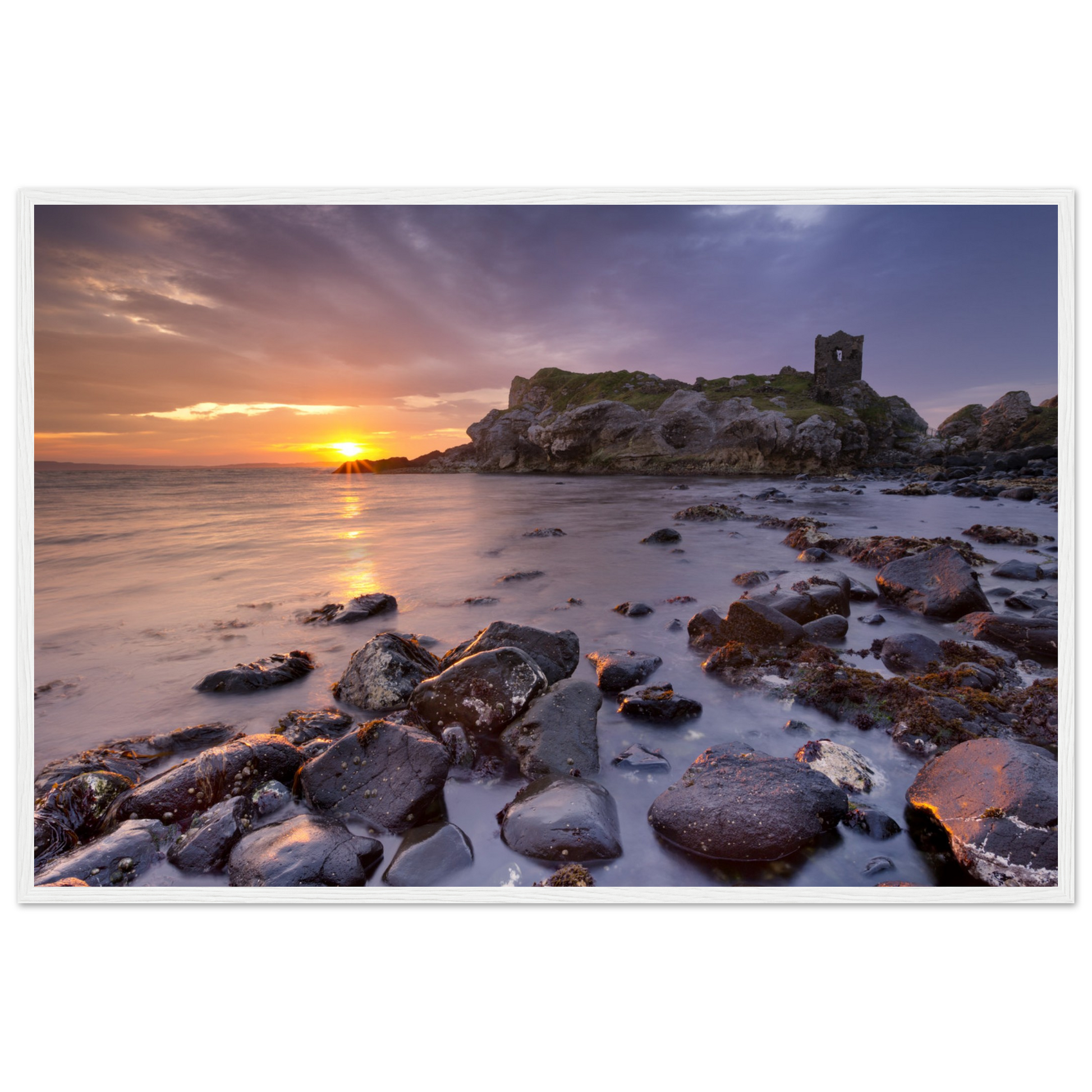 Framed wall art print of Kinbane Castle showcasing dramatic cliffside ruins above the North Atlantic waves. Perfect for adding a touch of Irish history and coastal charm to any space. Ideal for history lovers and those who appreciate Ireland's ancient beauty.