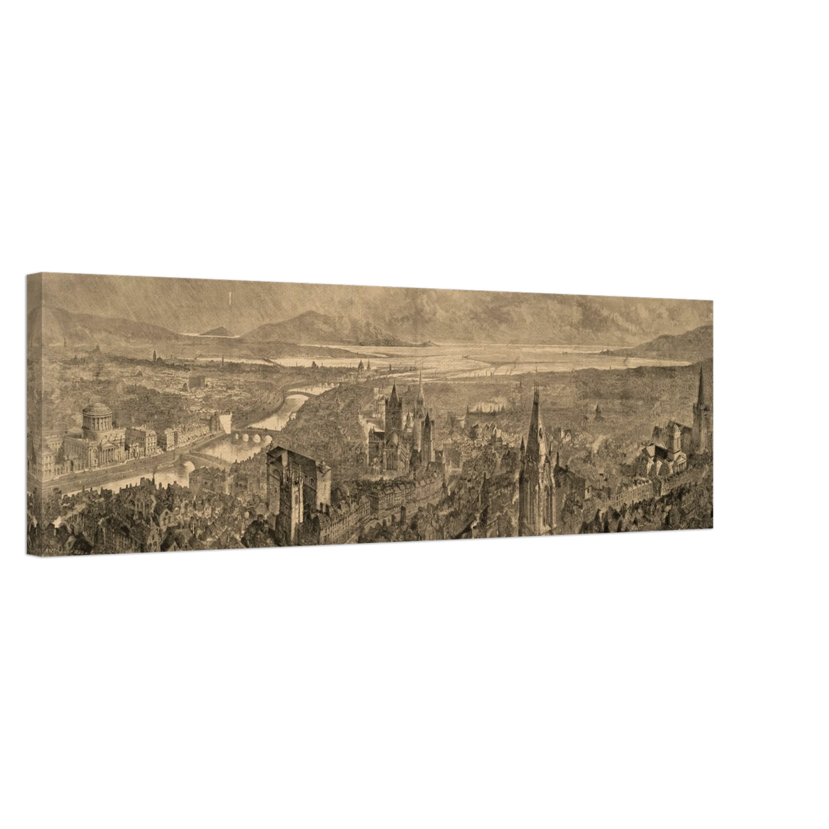 A Bird's Eye View of Dublin 1890 panoramic canvas print shown at an angle on a black background