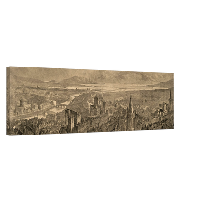 A Bird's Eye View of Dublin 1890 panoramic canvas print shown at an angle on a black background