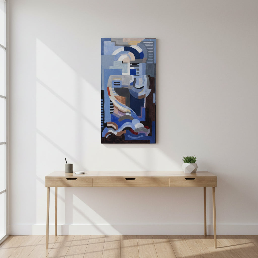 Large abstract geometric canvas by Mainie Jellett hanging above a minimalist designer desk, cool tones, clean modern workspace, natural window light,
