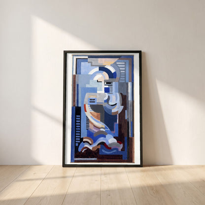Abstract Blue Composition framed print in a black frame leaning against a white plaster wall on oak floorboards in morning light