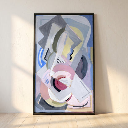 Abstract framed print in a black frame leaning against a white plaster wall on oak floorboards in morning light