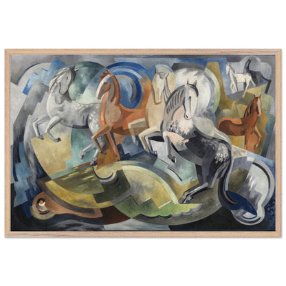 Framed print of 'Achill Horses' by Mainie Jellett hanging on a modern living room wall, showcasing abstract Irish landscape in Cubist style.