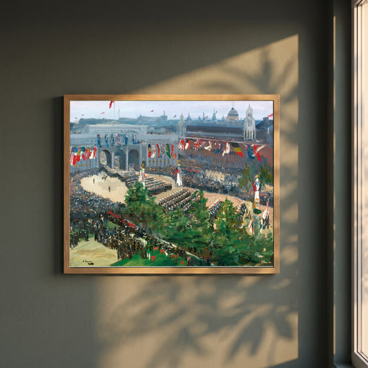 Admiralty Arch Victory Parade 1919 framed print in a natural oak frame on a dark green wall beside a window, dappled plant shadow