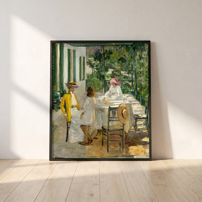 After Breakfast, Tangier framed print in a black frame leaning against a white plaster wall on oak floorboards in morning light