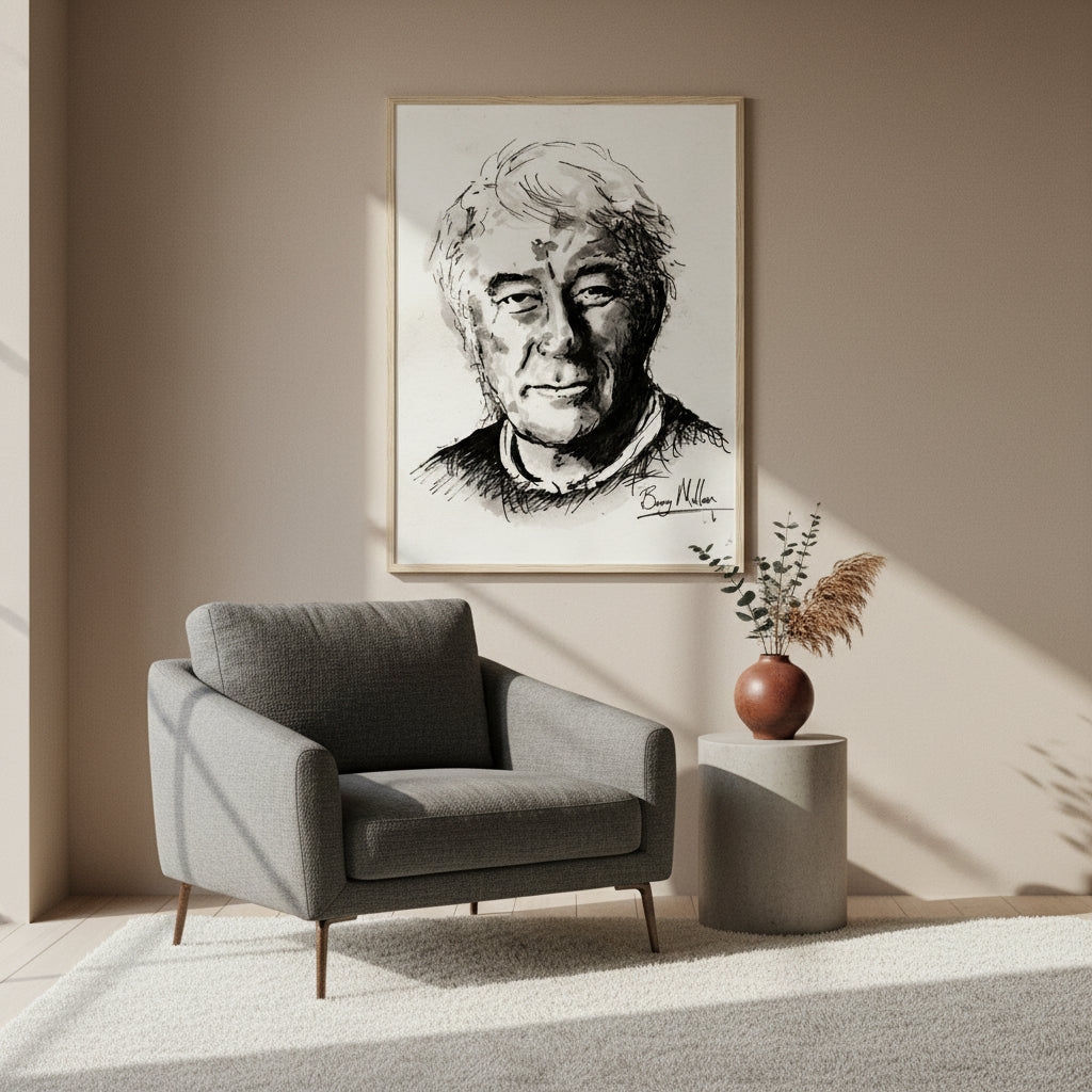 Irish Poet, Seamus Heaney, Black and White Portrait Framed Art Print Poster Direct From the Artist  Buy Irish Art Natural oak frame mockup of Seamus Heaney portrait displayed in a modern collector’s home, earthy palette, linen textures, gentle shadows, refined contemporary Irish interior, 