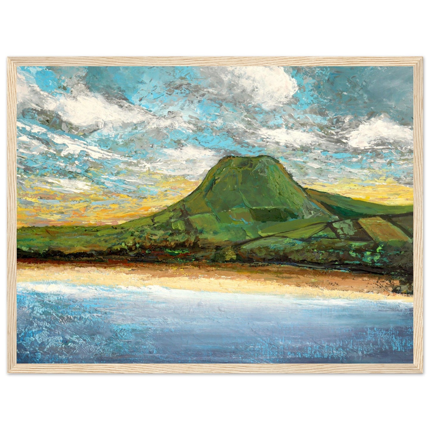 Framed semi-abstract giclee print by Irish artist Ó Maoláin featuring Lurig Mountain and Cushendall Beach in Antrim. The vibrant landscape captures the scenic beauty of the rural beach with its crystal clear waters and sheltered bay, perfect for sea swimming.