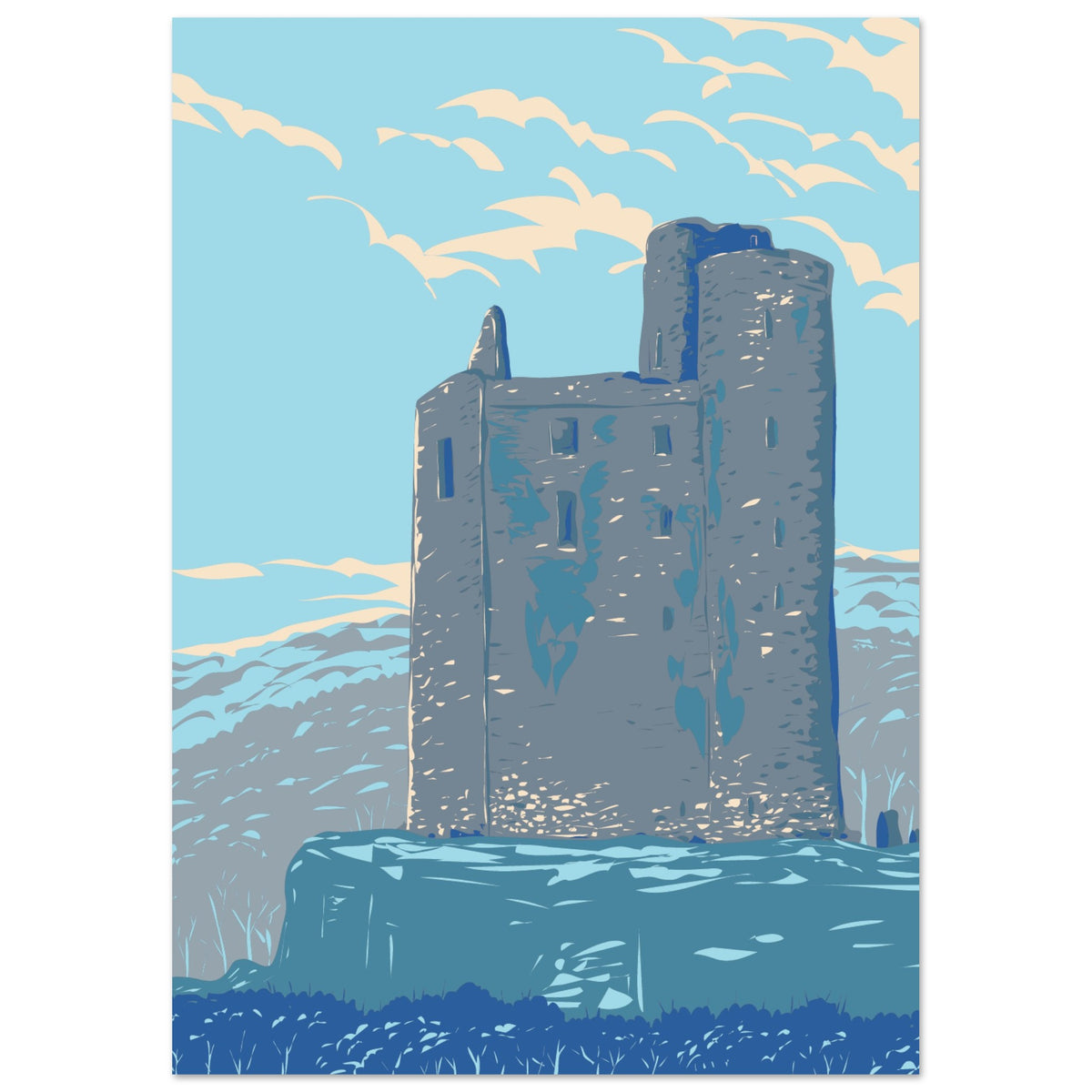 Ballinalacken Castle retro print with pale peach clouds and blue hills, unframed poster