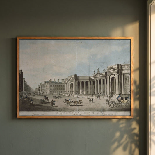 Bank of Ireland, College Green framed print in a natural oak frame on a dark green wall beside a window, dappled plant shadow