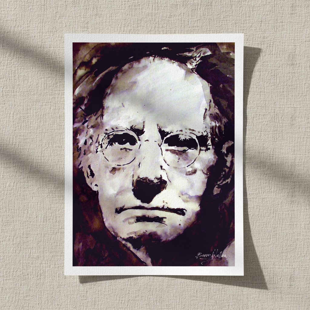 Sean O'Casey portrait unframed print with white border lying on linen in window light