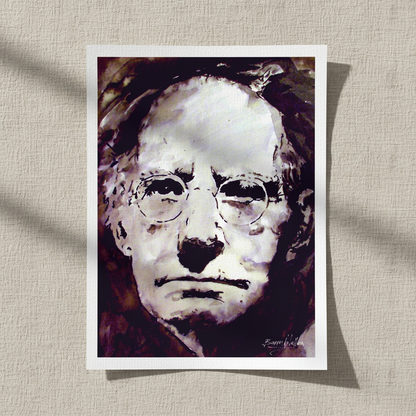 Sean O'Casey portrait unframed print with white border lying on linen in window light