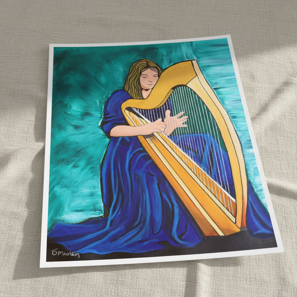 Irish Harp Framed Wall Art Print by Irish Artist — in a room setting