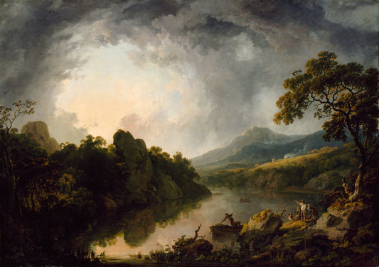 An Extensive Wooded River Landscape with Fishermen Hauling in their Nets, oil painting by George Barret, 1760s