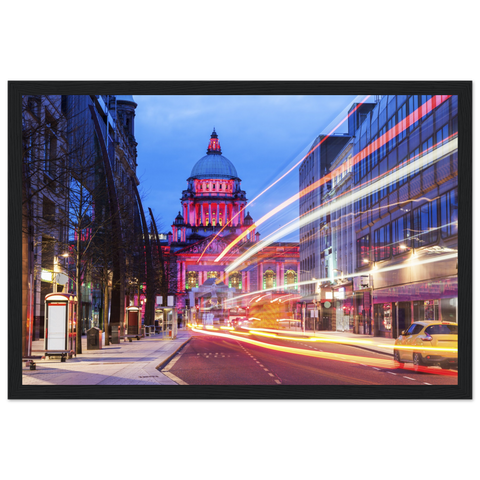 Vibrant Belfast City Hall Framed Art Print: A colorful depiction of Belfast's iconic City Hall with intricate details. The landmark is set against a lively backdrop of vivid hues, reflecting the city's dynamic spirit. Perfect for adding urban sophistication to any space.