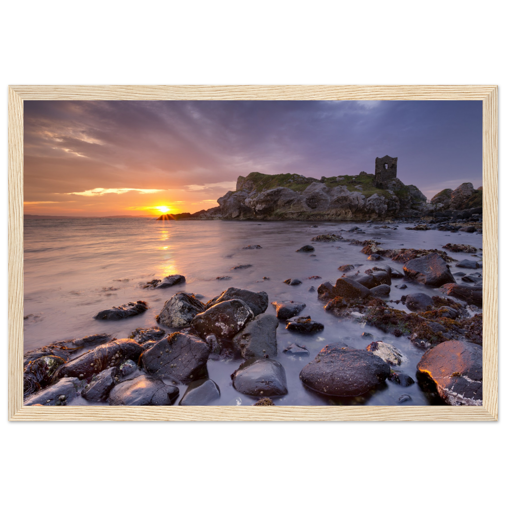 Framed wall art print of Kinbane Castle showcasing dramatic cliffside ruins above the North Atlantic waves. Perfect for adding a touch of Irish history and coastal charm to any space. Ideal for history lovers and those who appreciate Ireland's ancient beauty.