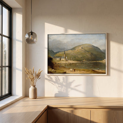 Bernkastel on the Moselle framed print in a white frame on a plaster wall above an oak worktop in a bright Scandinavian kitchen