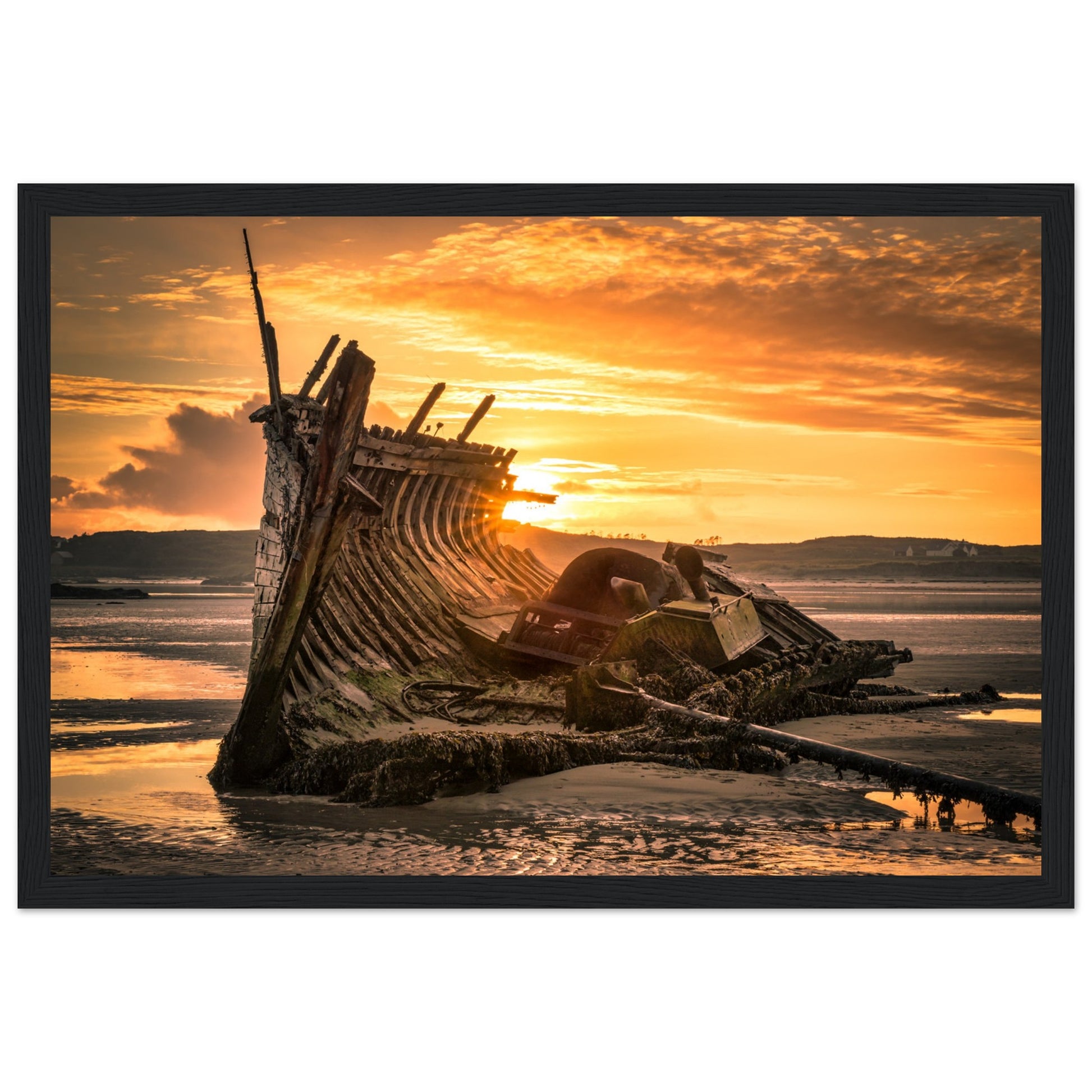 Fine art print captures sunset shipwreck at Bunbeg, Co. Donegal on Wild Atlantic Way. Rich cultural scene in Irish-speaking Gaoth Dobhair