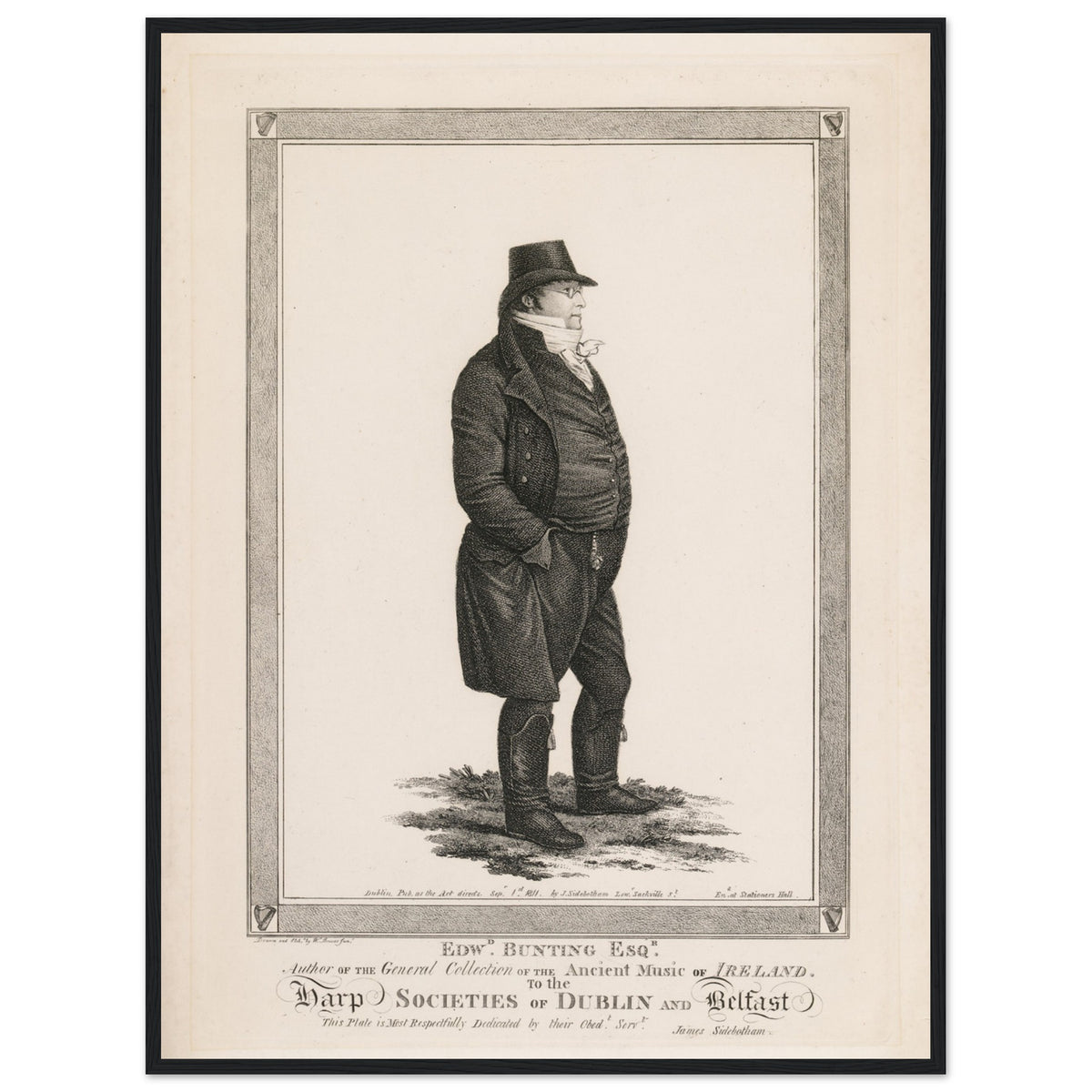 Black-framed Edward Bunting (1773-1843) portrait print on a plain white background