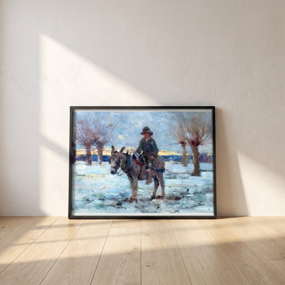 Boy on a Donkey in a Snowy Landscape by Walter Osborne framed print in a black frame leaning against a white plaster wall on oak floorboards in morning light