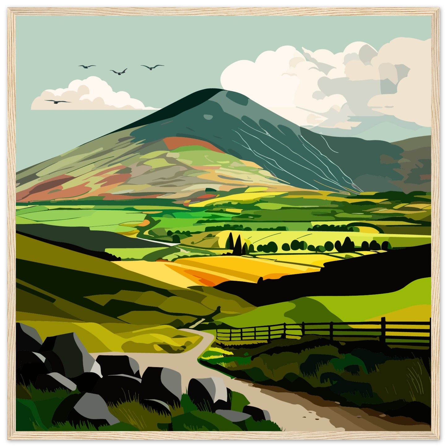 Wooden framed art print depicting lush green Irish countryside, evoking tranquility and beauty. Ideal for nature lovers longing for the Emerald Isle's serene landscapes.