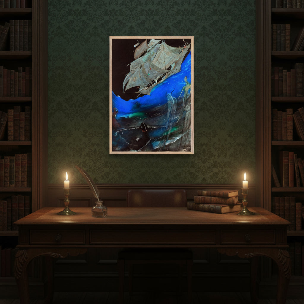 Harry Clarke Poe print in natural oak frame, hanging above a vintage writing desk with ink bottle and quill, dark green walls, soft candlelight, Victorian study interior, leather-bound books, moody shadows.