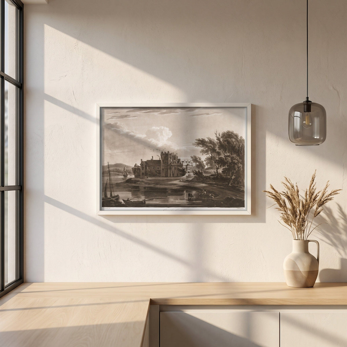Carrick Castle (Ormond Castle) by Thomas Sautelle Roberts Art Print framed print in a white frame on a plaster wall above an oak worktop in a bright Scandinavian kitchen