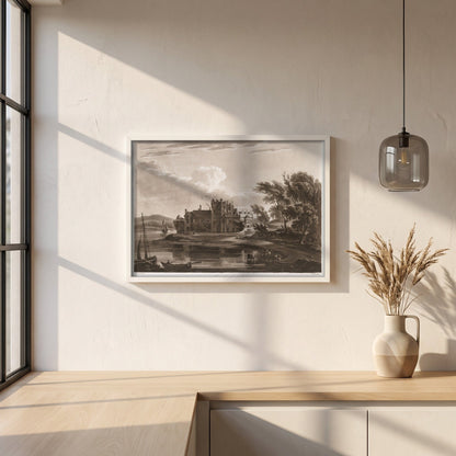 Carrick Castle (Ormond Castle) by Thomas Sautelle Roberts Art Print framed print in a white frame on a plaster wall above an oak worktop in a bright Scandinavian kitchen