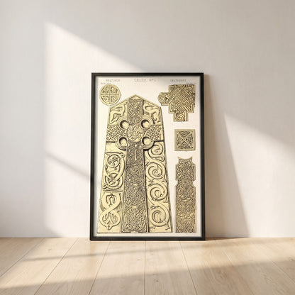 Celtic No.1 by Owen Jones framed print in a black frame leaning against a white plaster wall on oak floorboards in morning light