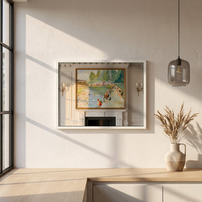 Chiswick Baths framed print in a white frame on a plaster wall above an oak worktop in a bright Scandinavian kitchen