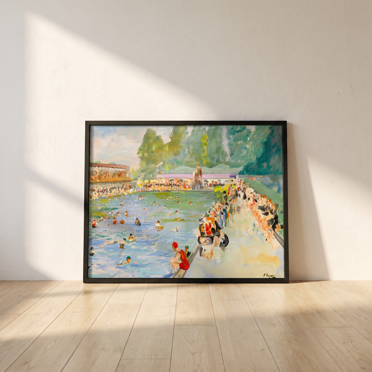 Chiswick Baths framed print in a black frame leaning against a white plaster wall on oak floorboards in morning light