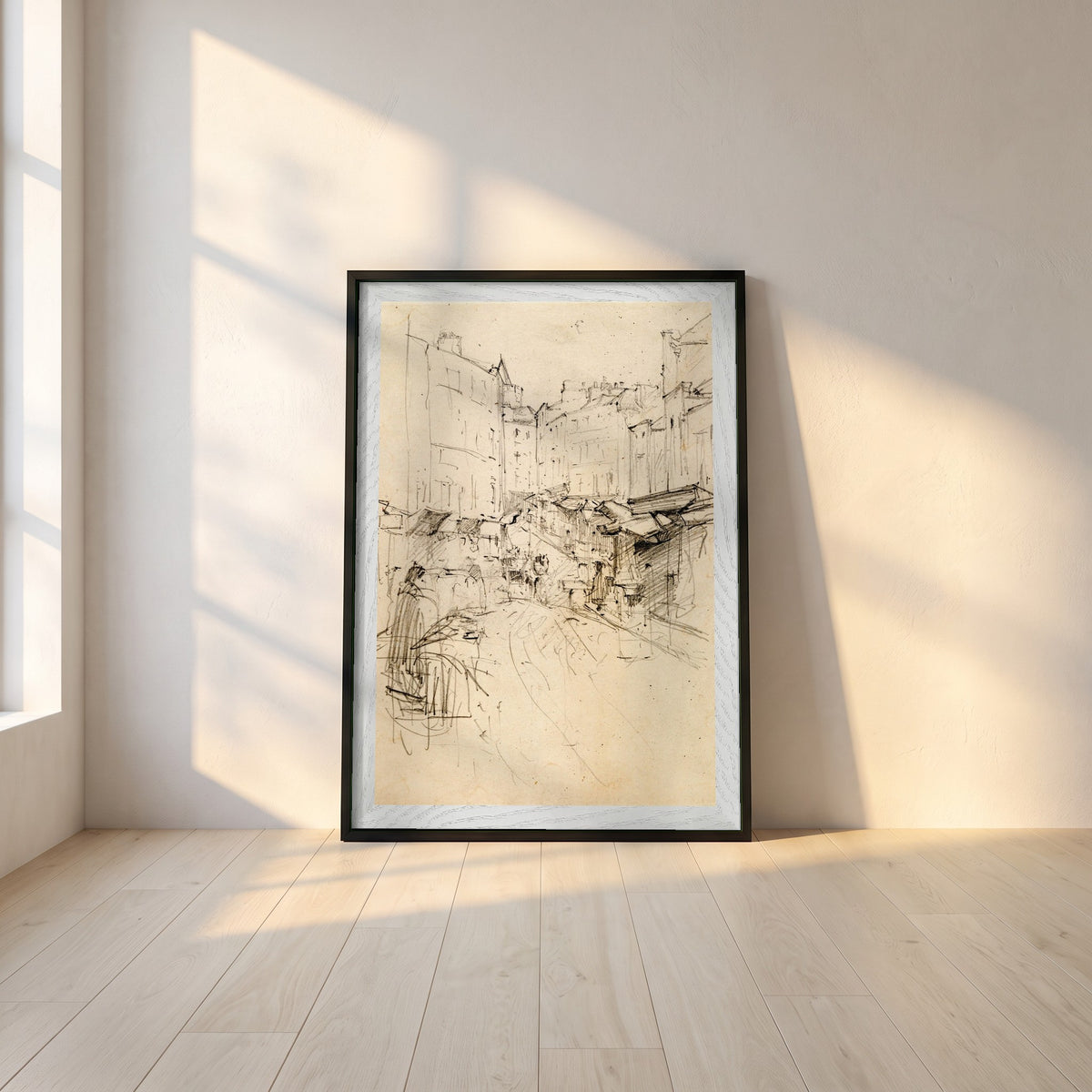 Christchurch Cathedral, Dublin framed print in a black frame leaning against a white plaster wall on oak floorboards in morning light