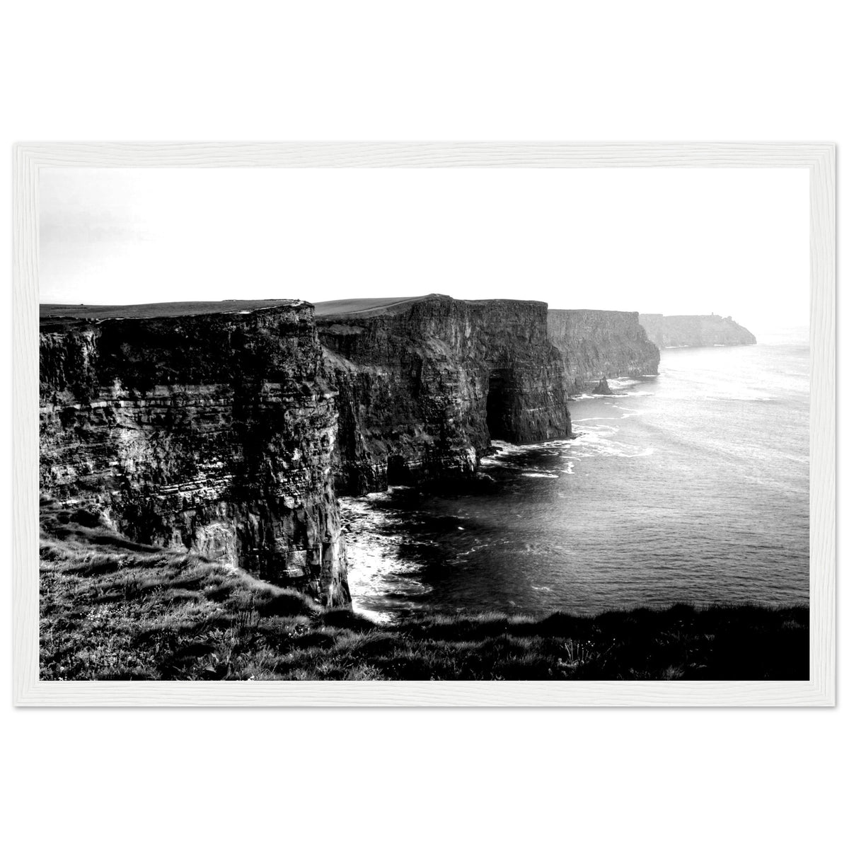 Cliffs of Moher monochrome photo print in a slim white frame