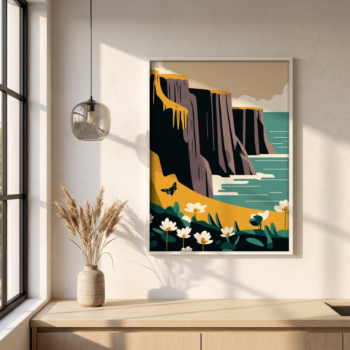 Cliffs of Moher, County Clare framed print in a white frame on a plaster wall above an oak worktop in a bright Scandinavian kitchen