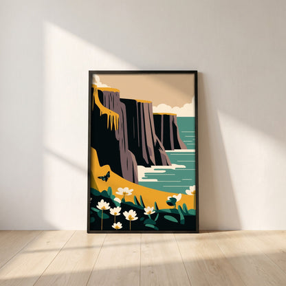 Cliffs of Moher, County Clare framed print in a black frame leaning against a white plaster wall on oak floorboards in morning light
