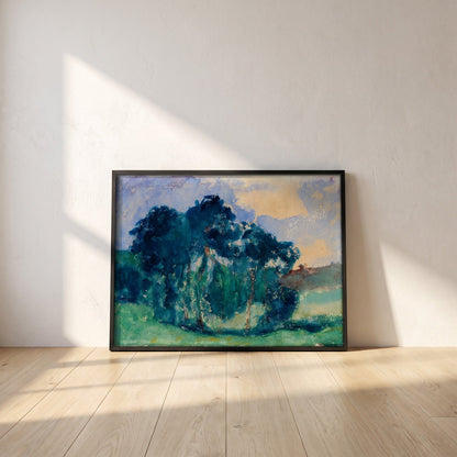 Clump of Trees, Rochefort-en-Terre framed print in a black frame leaning against a white plaster wall on oak floorboards in morning light