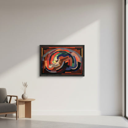 Composition by Mainie Jellett – black framed Irish Modernist 30×45 cm art print of ‘Composition (c.1935)’ by Mainie Jellett in a black FSC-certified wooden frame, hung on a contemporary living room wall, warm natural lighting, subtle shadows, premium gallery-style presentation, hyper-realistic.