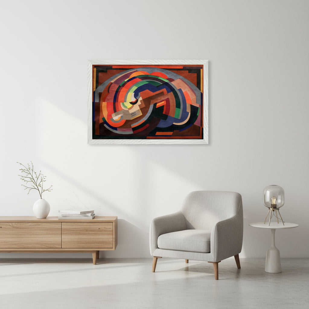 Composition by Mainie Jellett 30×45 cm framed print of ‘Composition (c.1935)’ by Mainie Jellett in a matte white wooden frame, modern light-toned interior, soft natural daylight, high-end minimalist décor, premium fine-art