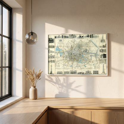 Cooke's Royal Map of Dublin framed print in a white frame on a plaster wall above an oak worktop in a bright Scandinavian kitchen