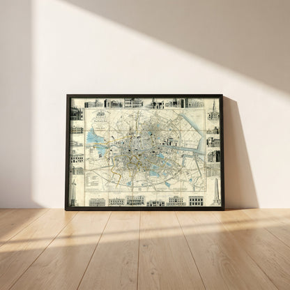 Cooke's Royal Map of Dublin framed print in a black frame leaning against a white plaster wall on oak floorboards in morning light
