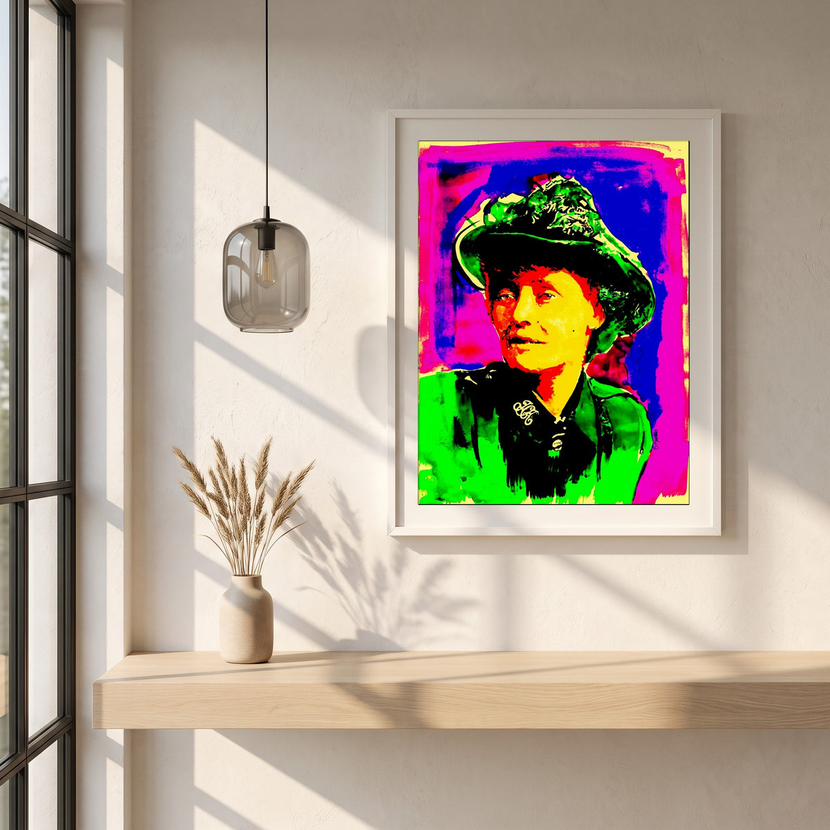 Countess Markievicz framed print in a white frame on a plaster wall above an oak worktop in a bright Scandinavian kitchen