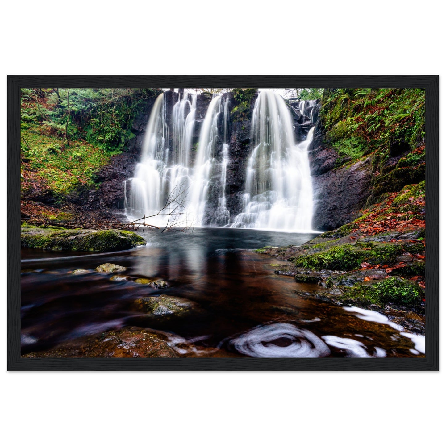 Cascading Glenariff Waterfall framed art print, showcasing serene natural beauty of Northern Ireland's forest park.