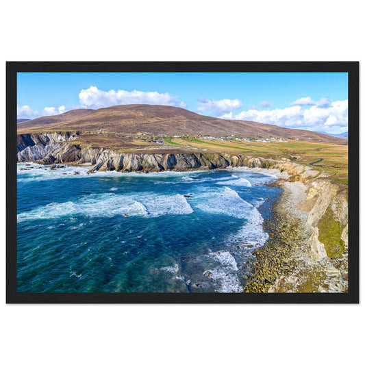 Framed print of Achill Island and the Wild Atlantic Way, showcasing rugged cliffs, the vast Atlantic Ocean, and rich, intricate colors. Perfect for adding the untamed beauty and unique charm of the Irish west coast to any space. Ideal for art lovers and coastal enthusiasts.